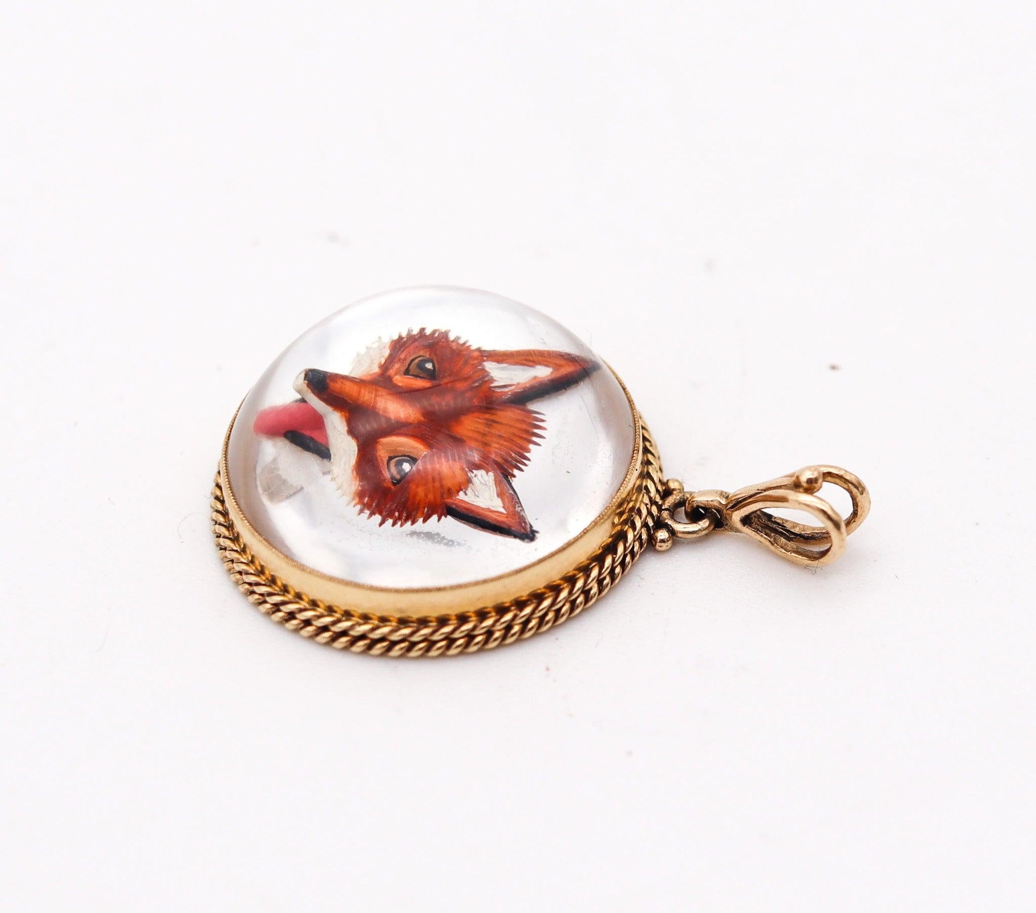 Cabochon EDWARDIAN 1905 Essex Glass Carved Fox Pendant Framed In 14Kt Yellow Gold For Sale