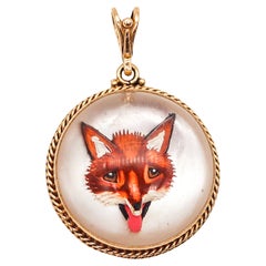 Antique EDWARDIAN 1905 Essex Glass Carved Fox Pendant Framed In 14Kt Yellow Gold