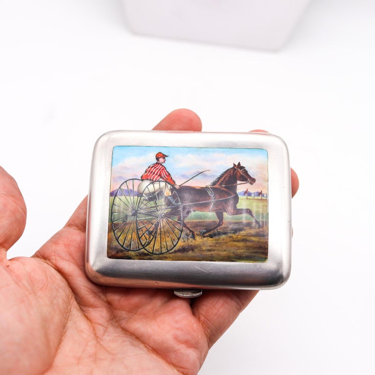 Edwardian 1905 German Enameled Cigarette Case Box in Solid .800 Silver