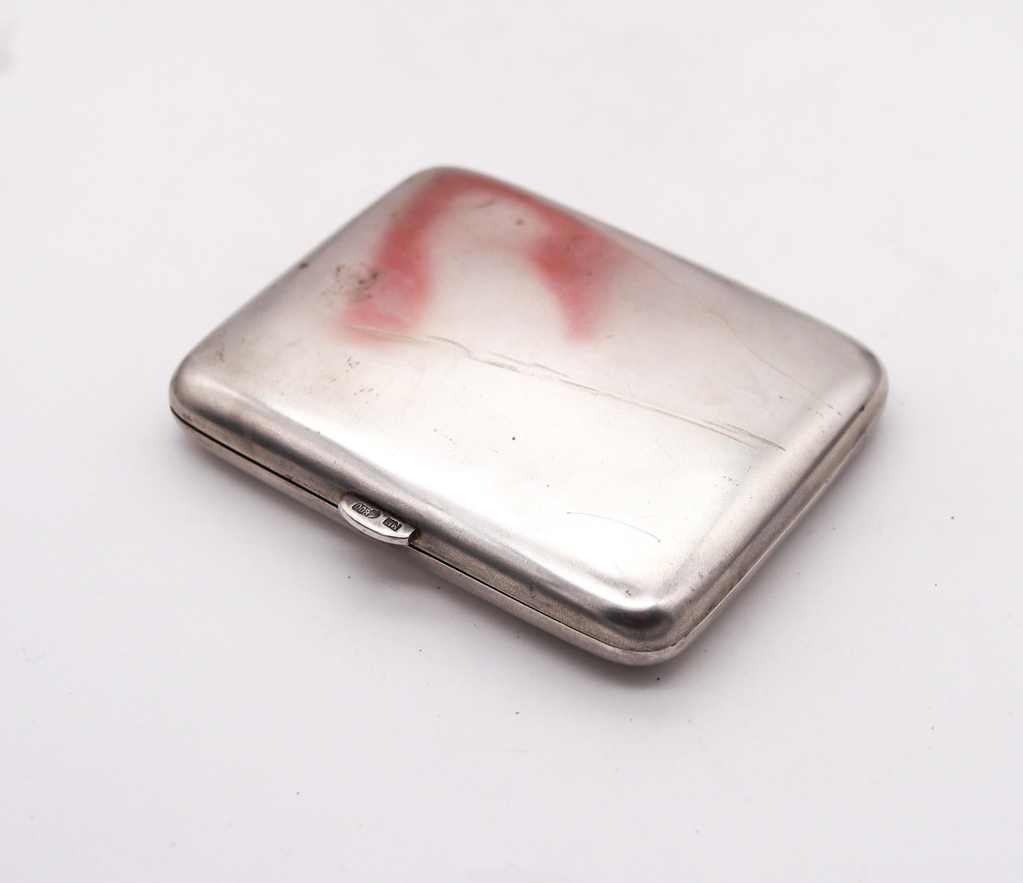 Edwardian 1905 German Enameled Cigarette Case Box in Solid .800 Silver For Sale 1