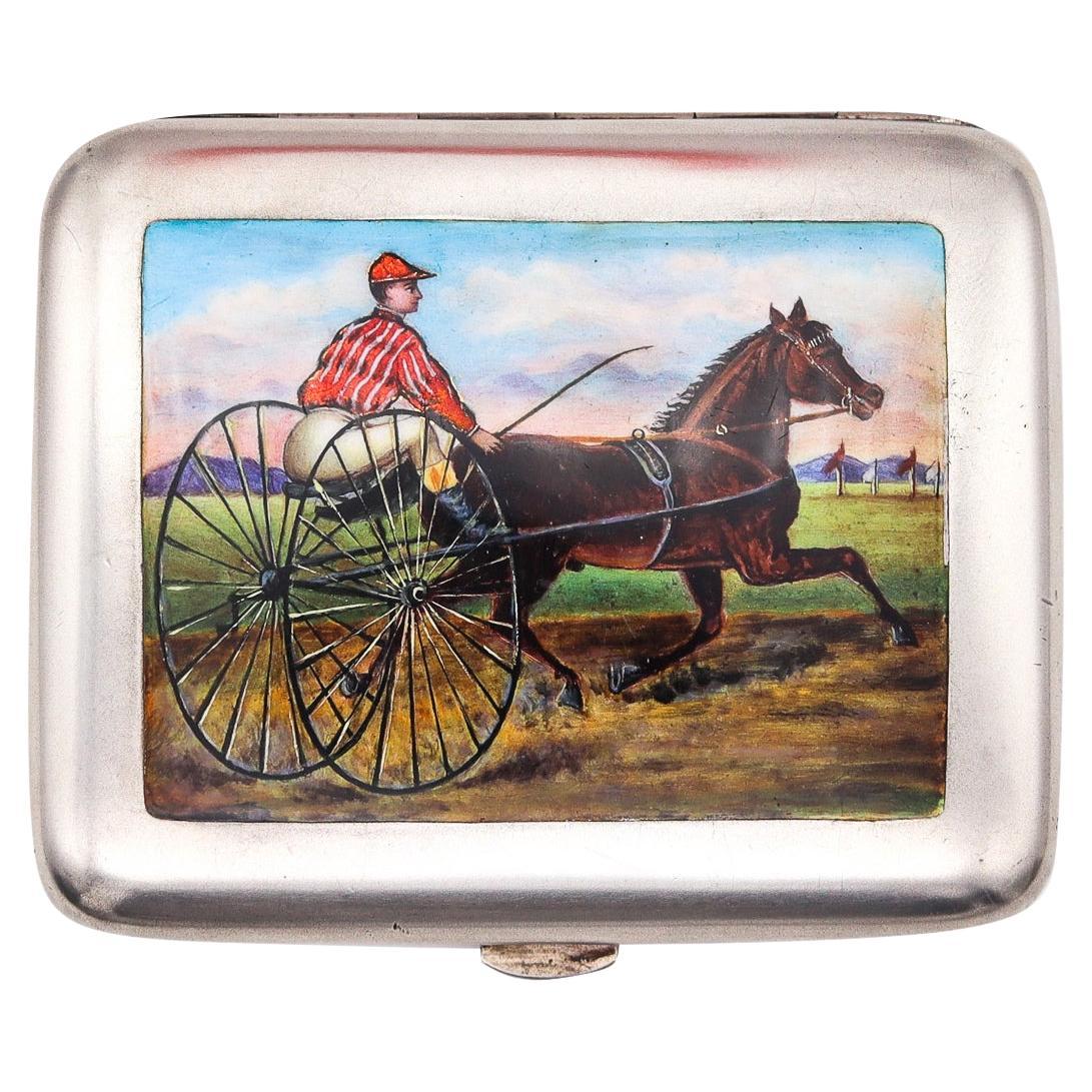 Edwardian 1905 German Enameled Cigarette Case Box in Solid .800 Silver