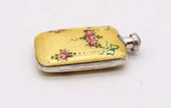 EDWARDIAN 1905 German Enameled Guilloche Perfume Purse Bottle In Sterling Silver