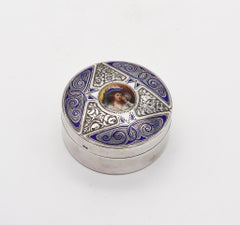 Edwardian 1905 German Enameled Round Box In .900 Silver Imported Into France