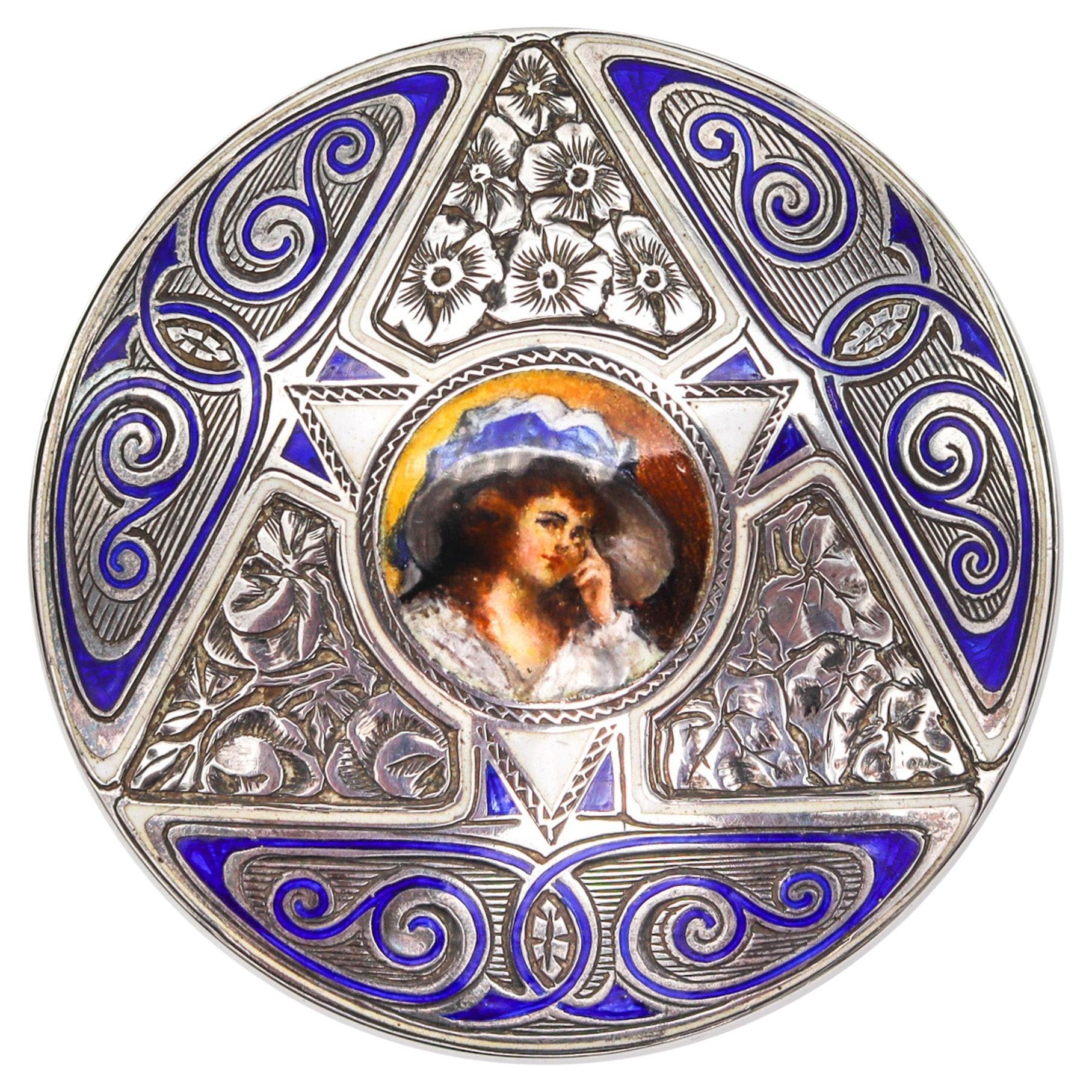 Boîte ronde édouardienne 1905 en argent émaillé allemand en argent .900 importée en France en vente