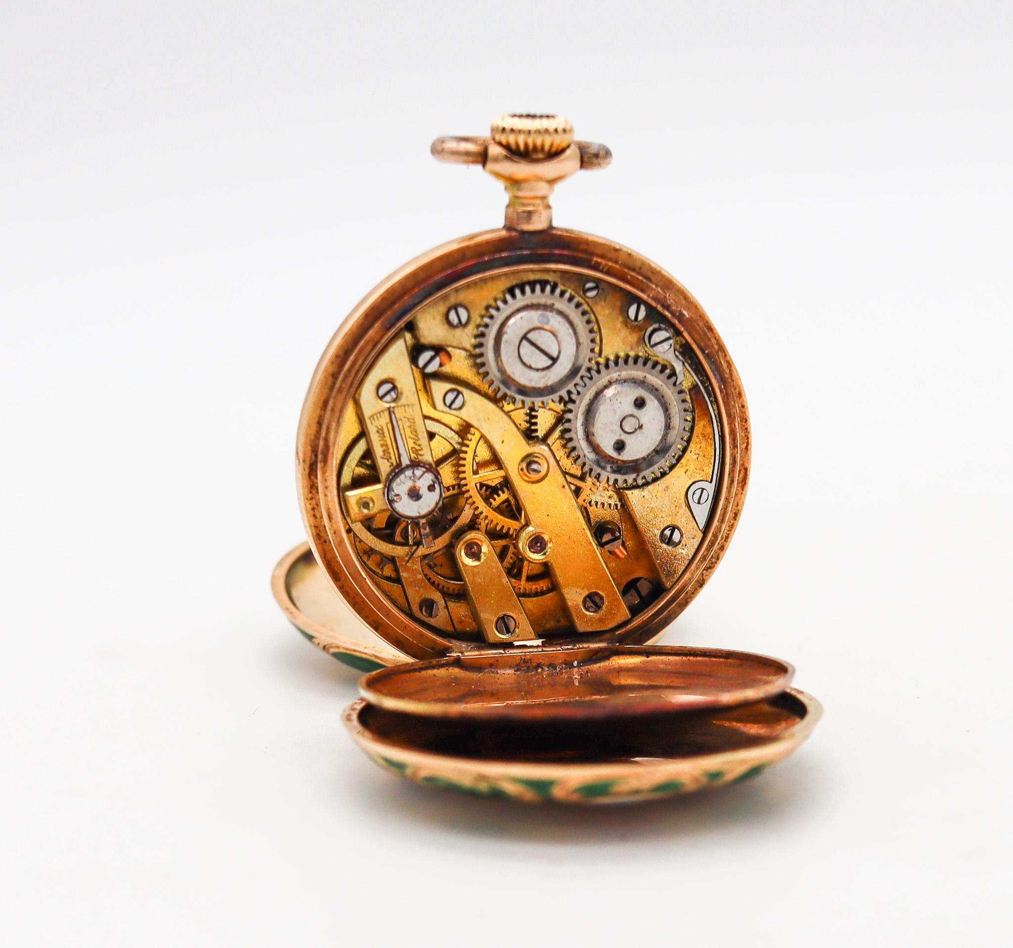 Edwardian 1905 Graziosa Guilloche Enamel Pocket Watch In 14Kt Gold With Diamonds For Sale 7