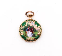 Edwardian 1905 Graziosa Guilloche Enamel Pocket Watch In 14Kt Gold With Diamonds