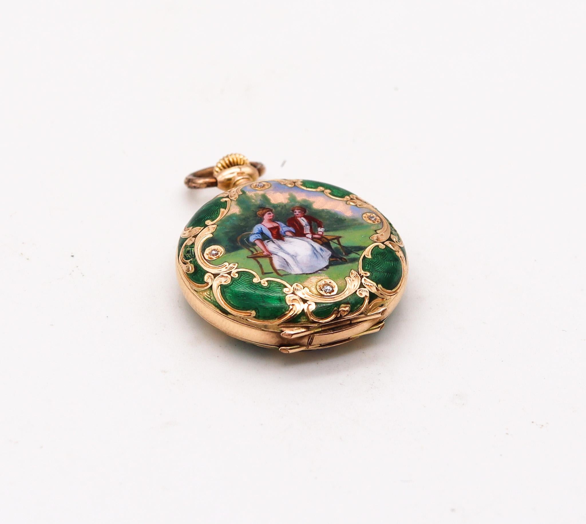 Rose Cut Edwardian 1905 Graziosa Guilloche Enamel Pocket Watch In 14Kt Gold With Diamonds For Sale