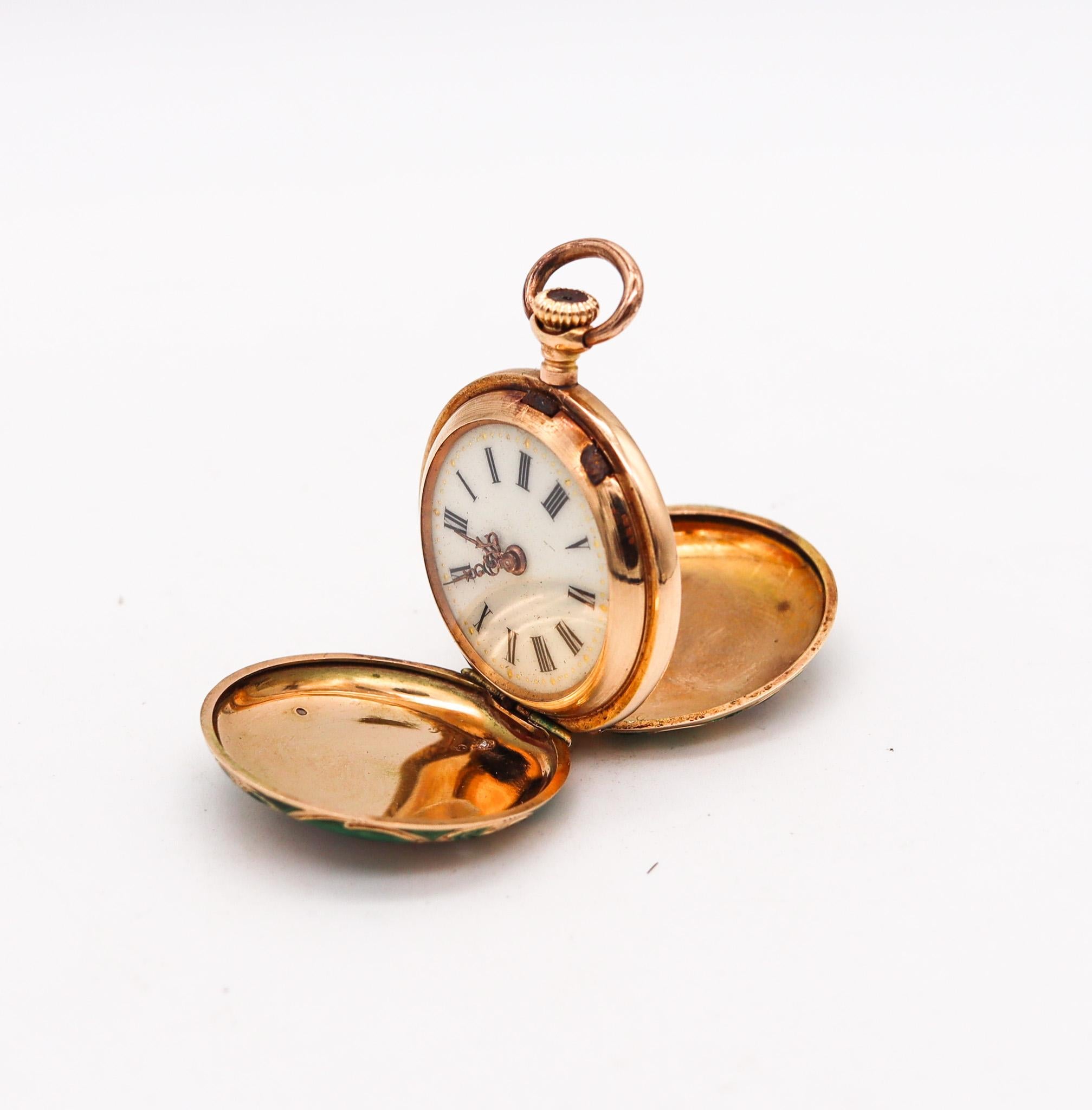 Edwardian 1905 Graziosa Guilloche Enamel Pocket Watch In 14Kt Gold With Diamonds For Sale 1