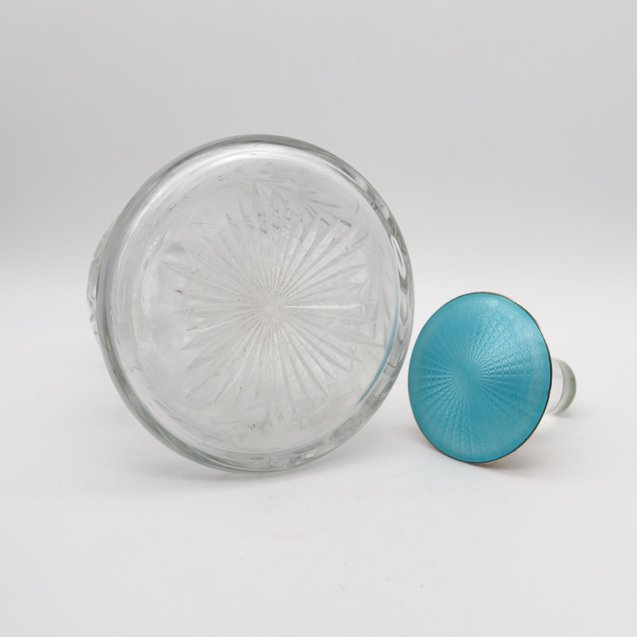 Hand-Carved Edwardian 1905 Guilloché Enamel Perfume Bottle In .925 Sterling And Cut Glass