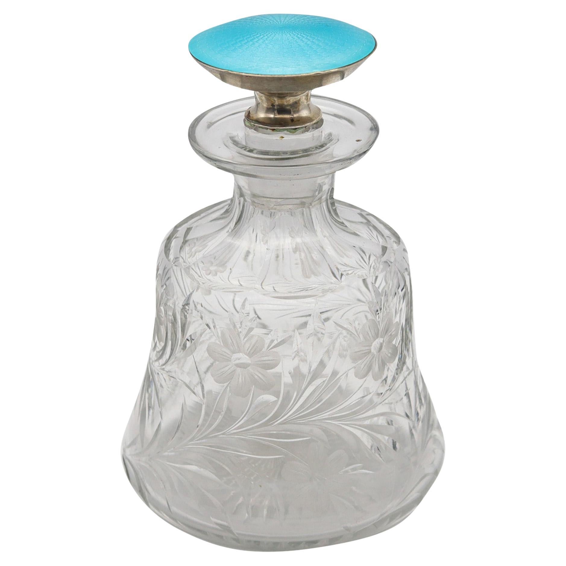Edwardian 1905 Guilloché Emaille Parfümflasche in .925 Sterling und geschliffenem Glas