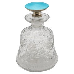 Antique Edwardian 1905 Guilloché Enamel Perfume Bottle In .925 Sterling And Cut Glass