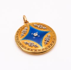 Edwardian 1905 Guilloche Enameled Locket Pendant 18kt Gold with Rose Cut Diamond