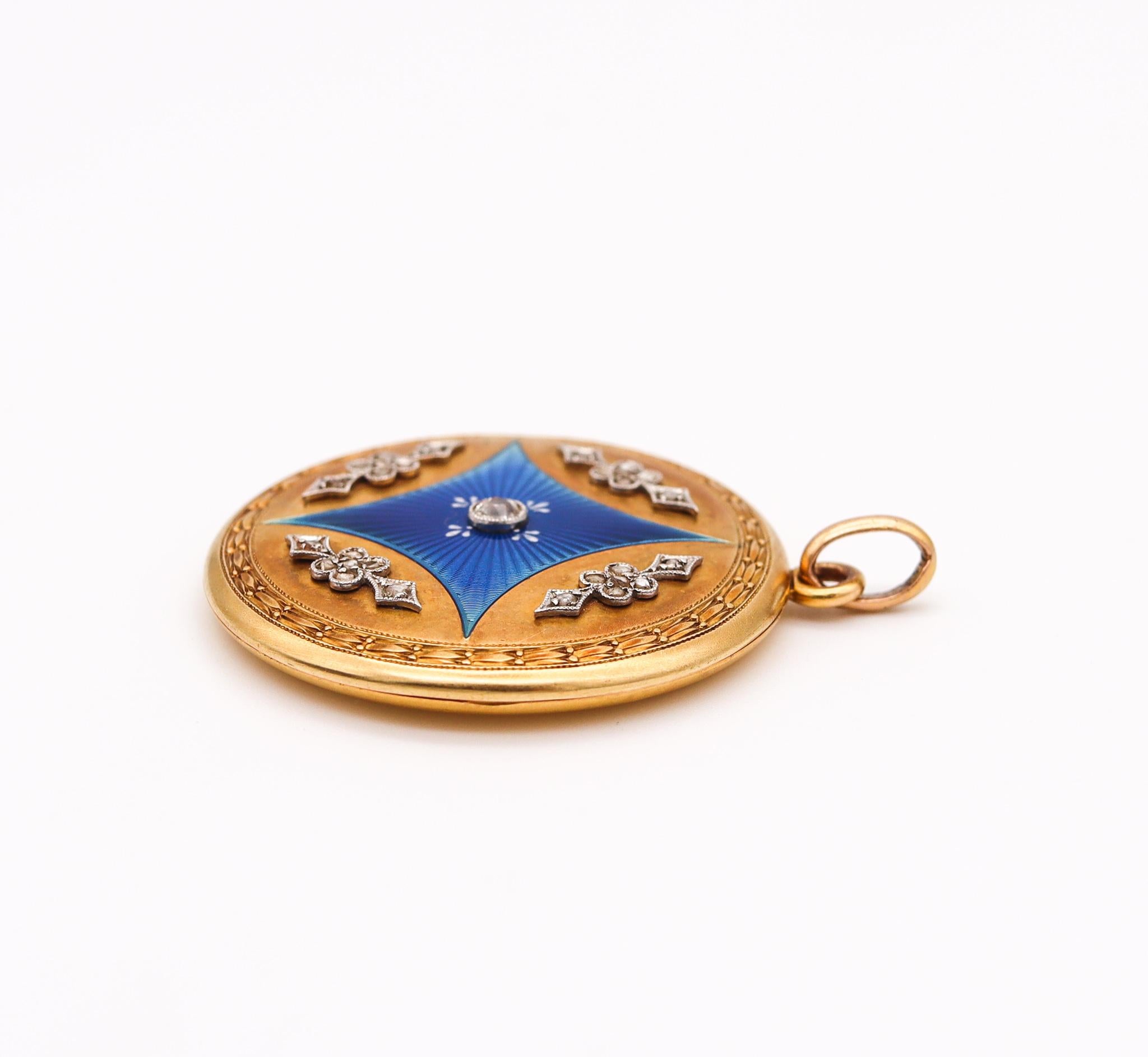 Women's or Men's Edwardian 1905 Guilloche Enameled Locket Pendant 18kt Gold with Rose Cut Diamond
