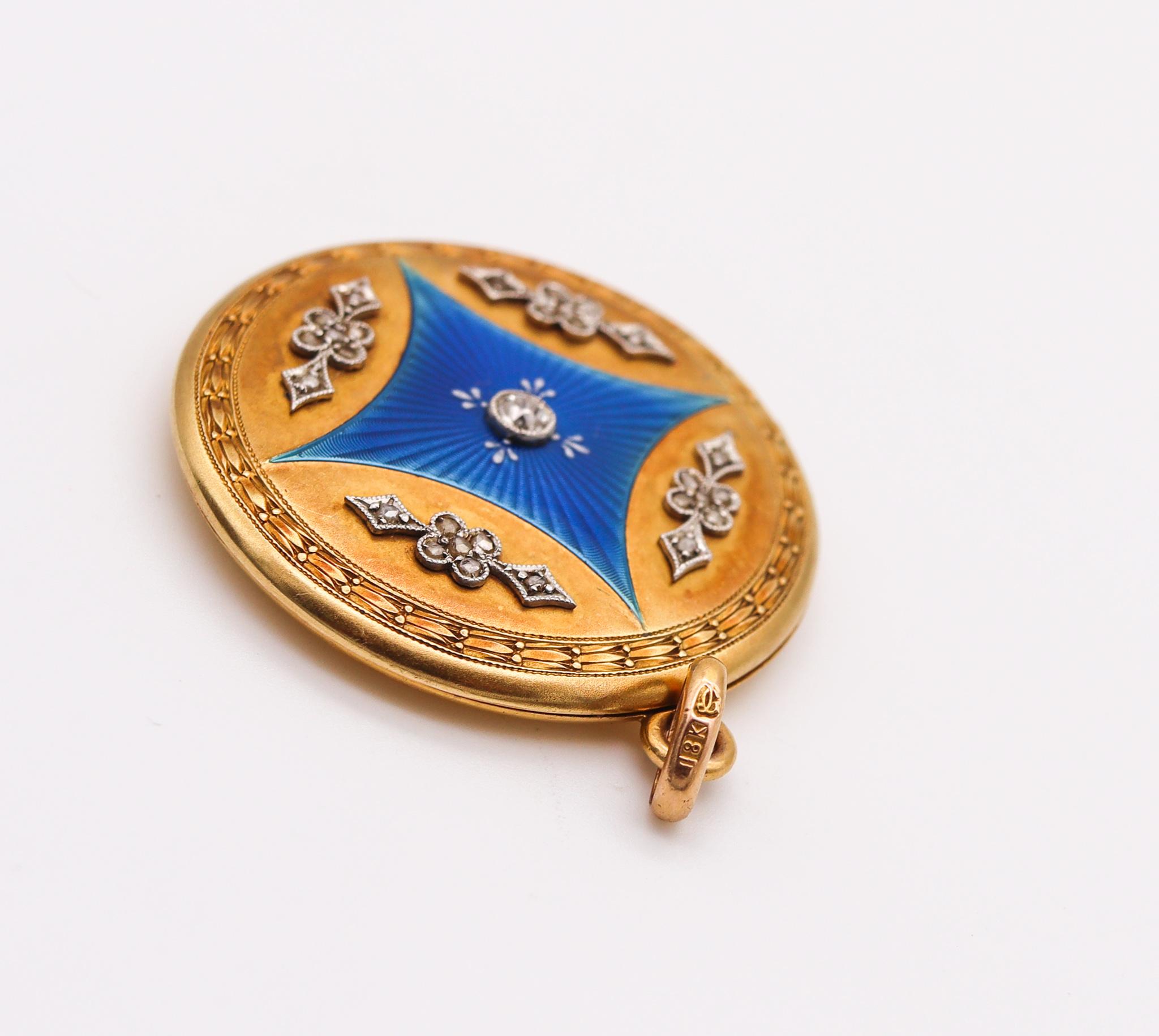 Edwardian 1905 Guilloche Enameled Locket Pendant 18kt Gold with Rose Cut Diamond 1