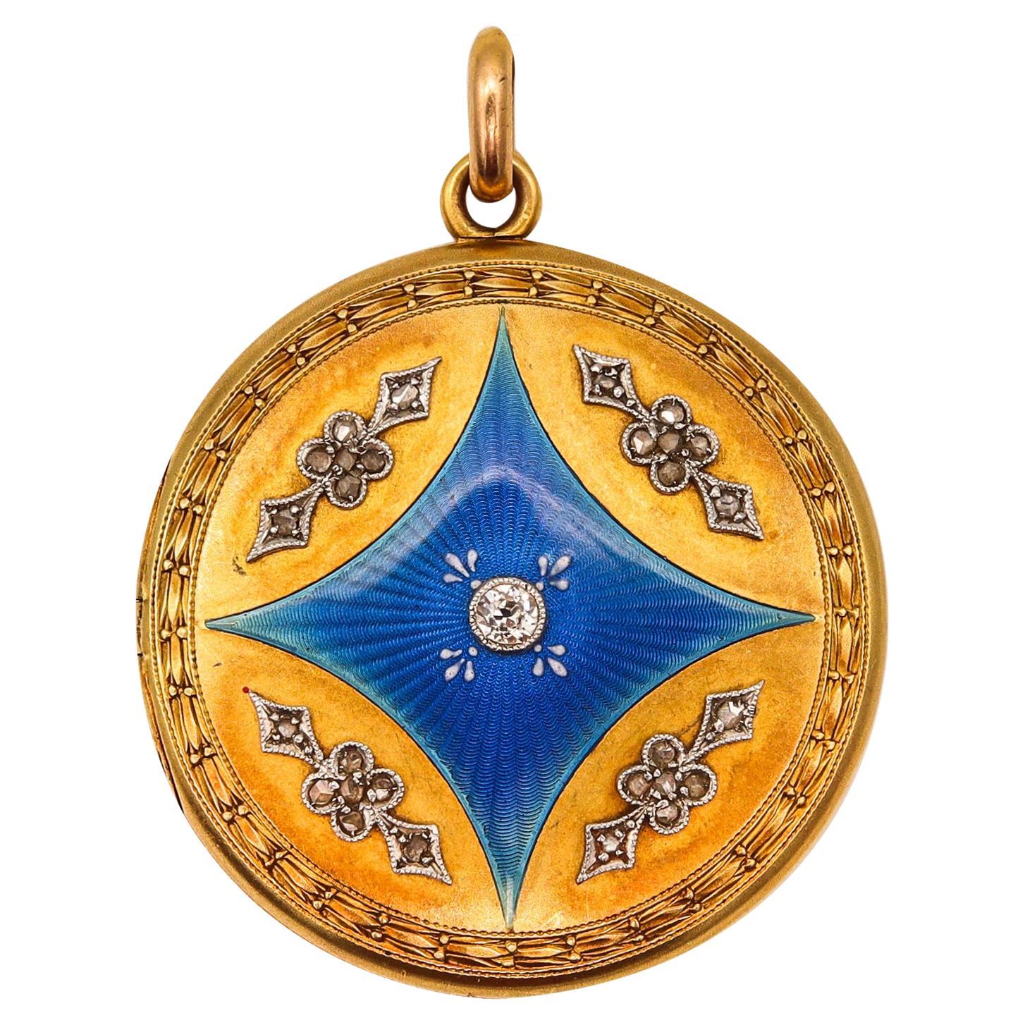 Edwardian 1905 Guilloche Enameled Locket Pendant 18kt Gold with Rose Cut Diamond