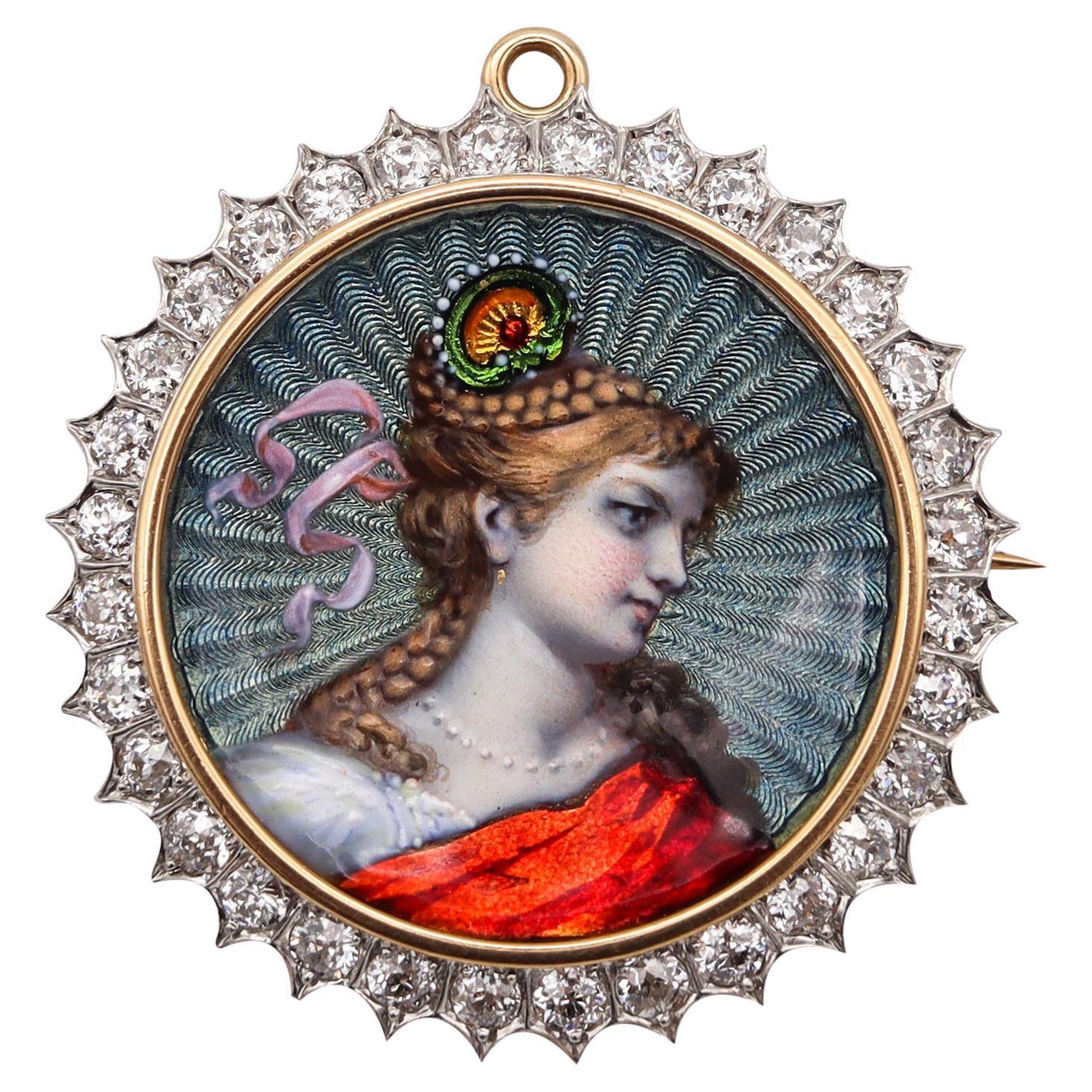 Edwardian 1905 Guilloche Pendant Brooch 18Kt Gold Platinum with 2.56 Ct Diamonds For Sale