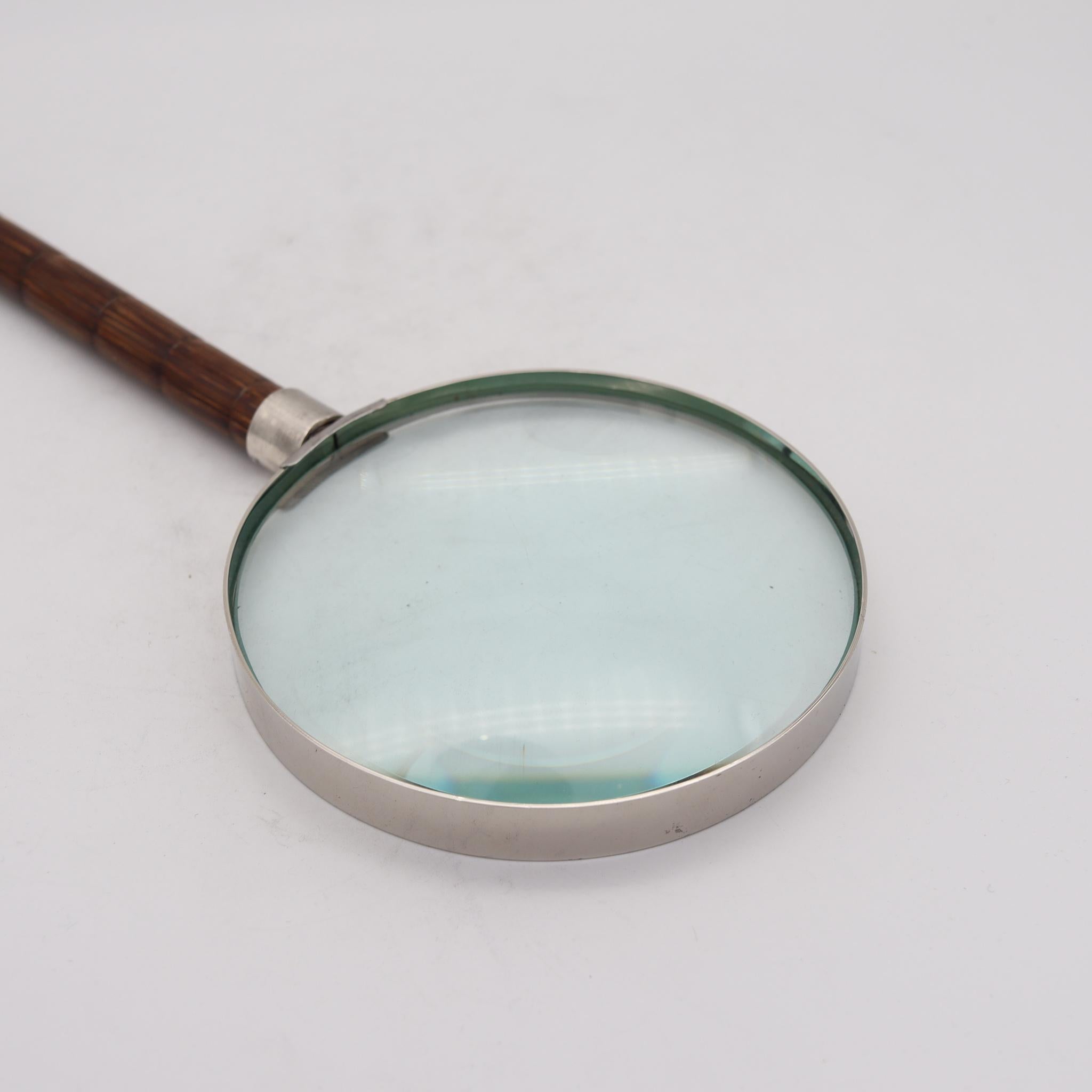 English Edwardian 1905 Handle Desk Magnifier Glass in Sterling Silver and Bamboo Wood For Sale