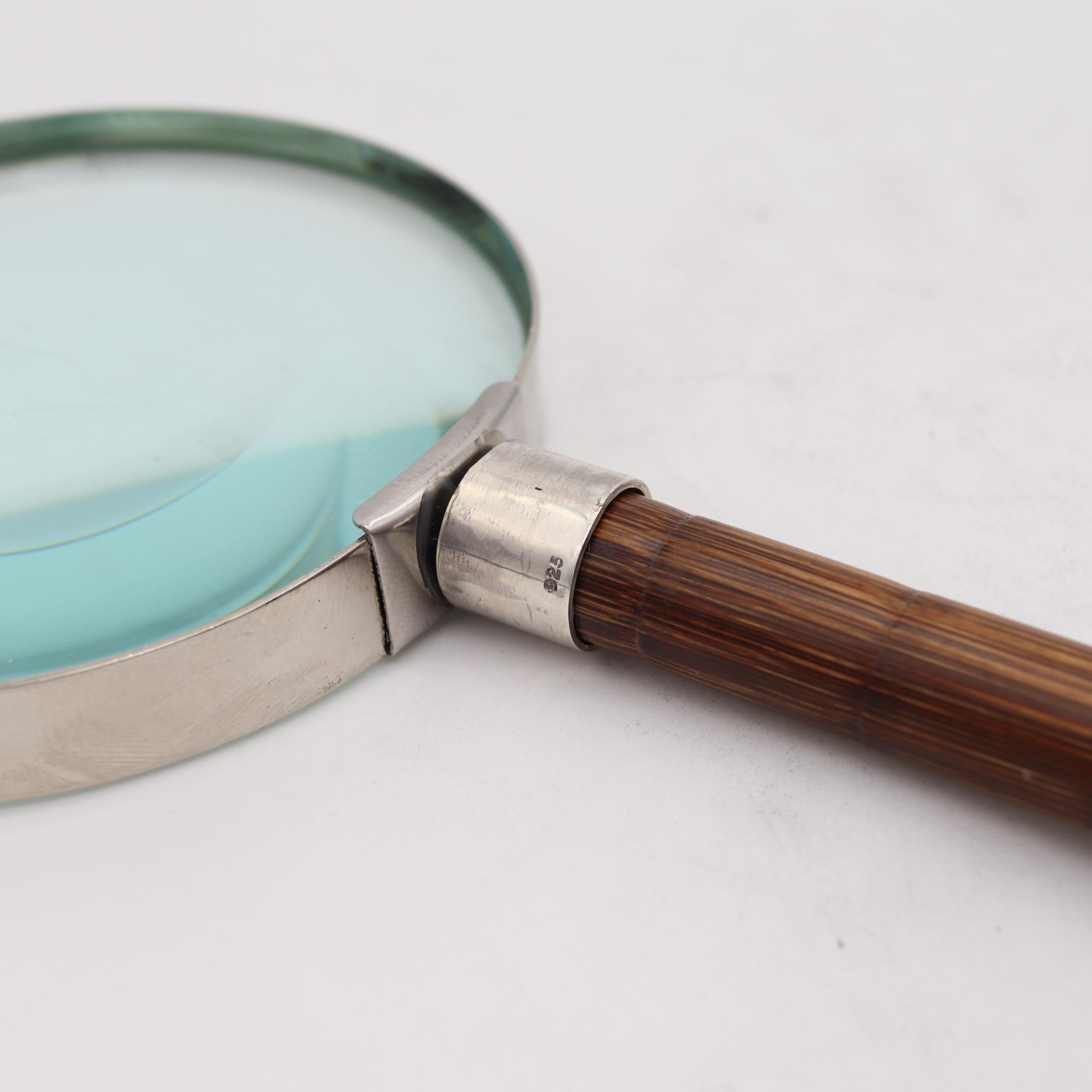 Hand-Crafted Edwardian 1905 Handle Desk Magnifier Glass in Sterling Silver and Bamboo Wood For Sale