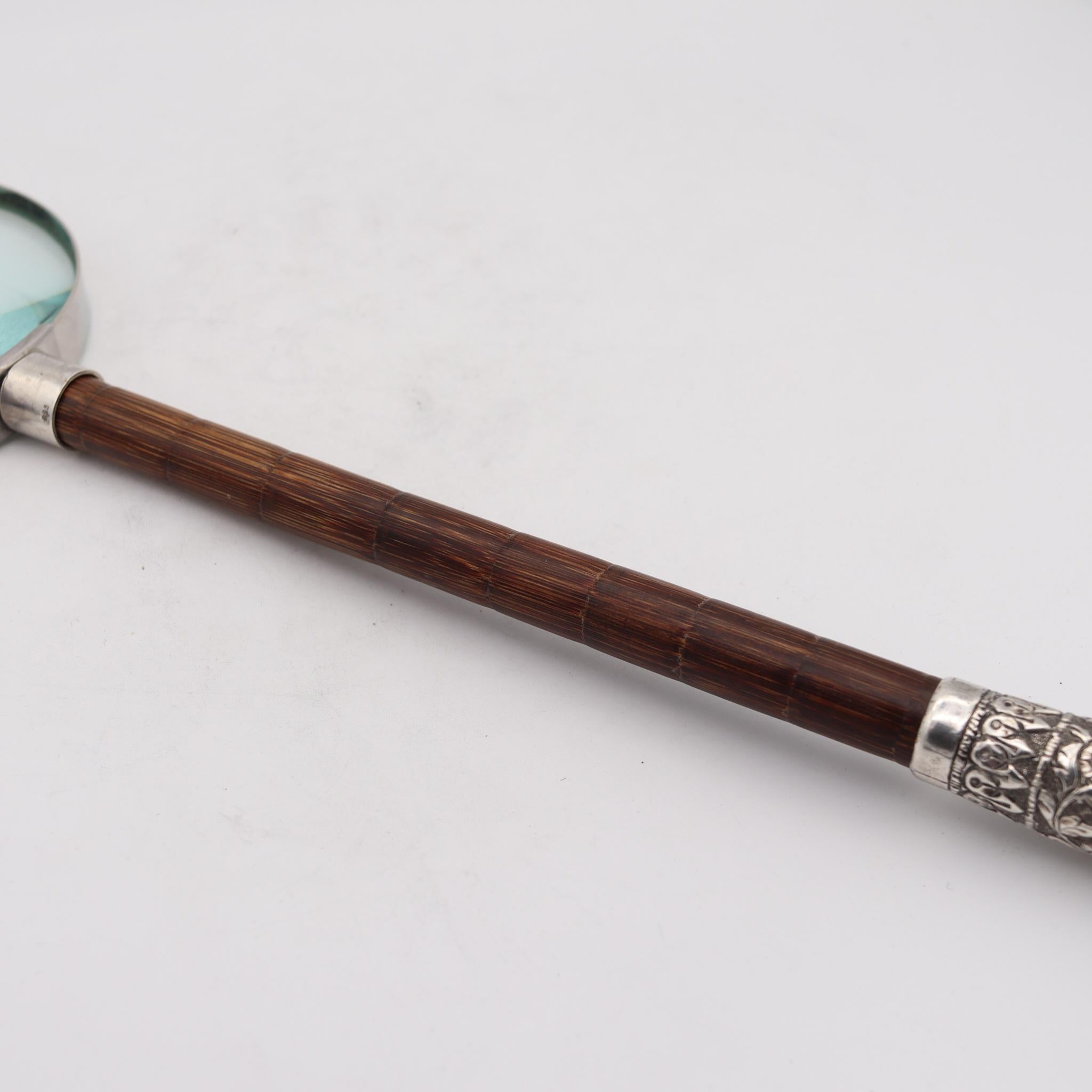 Edwardian 1905 Handle Desk Magnifier Glass in Sterling Silver and Bamboo Wood In Excellent Condition For Sale In Miami, FL