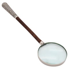 Antique Edwardian 1905 Handle Desk Magnifier Glass in Sterling Silver and Bamboo Wood