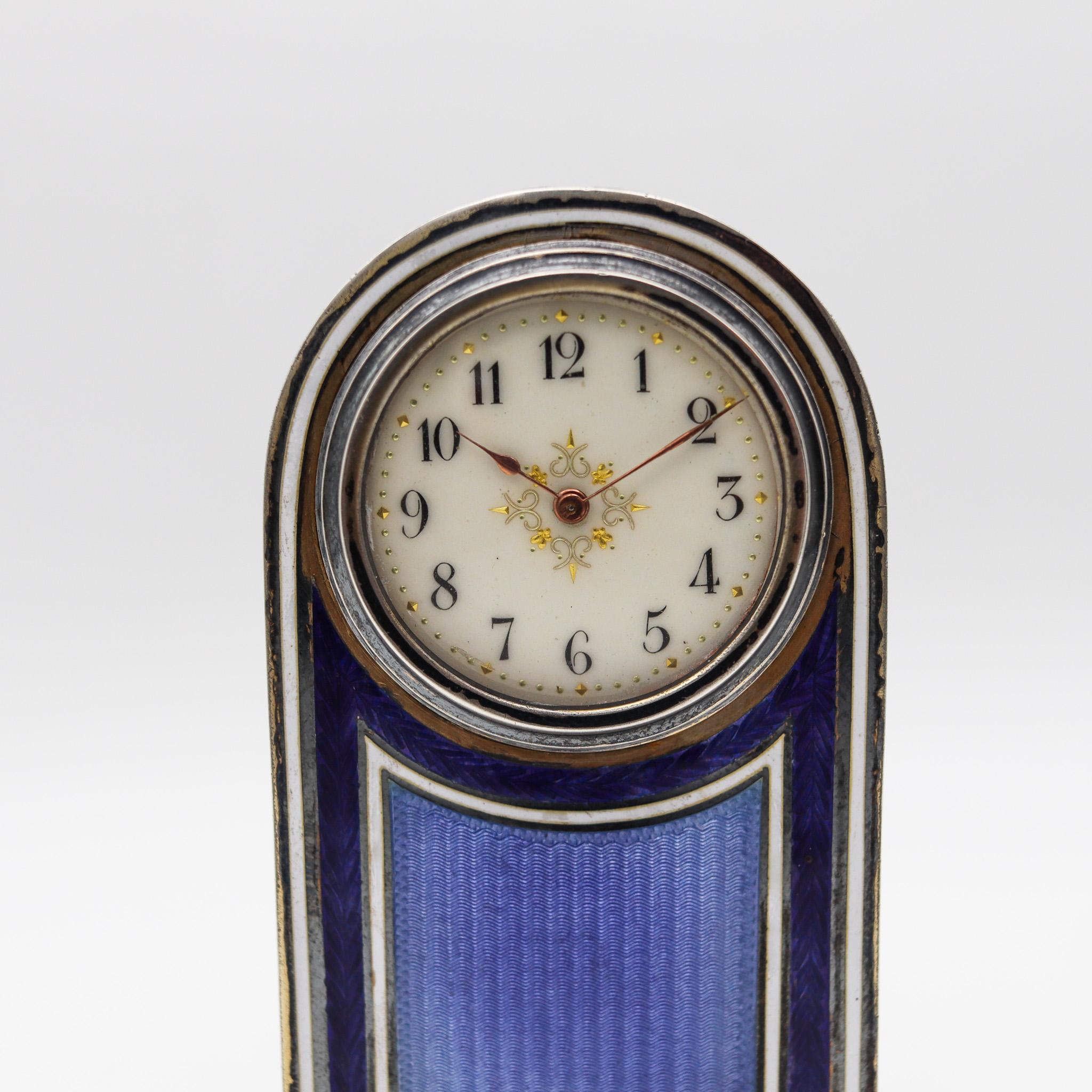 Swiss Edwardian 1905 Neo Classic Guilloché Enamel Miniature Boudoir Clock 925 Sterling For Sale