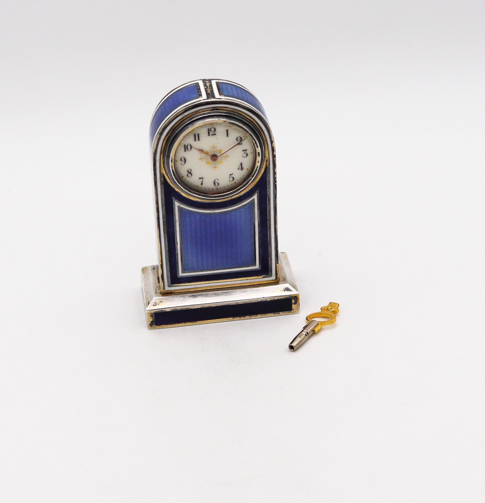 Gold Edwardian 1905 Neo Classic Guilloché Enamel Miniature Boudoir Clock 925 Sterling For Sale