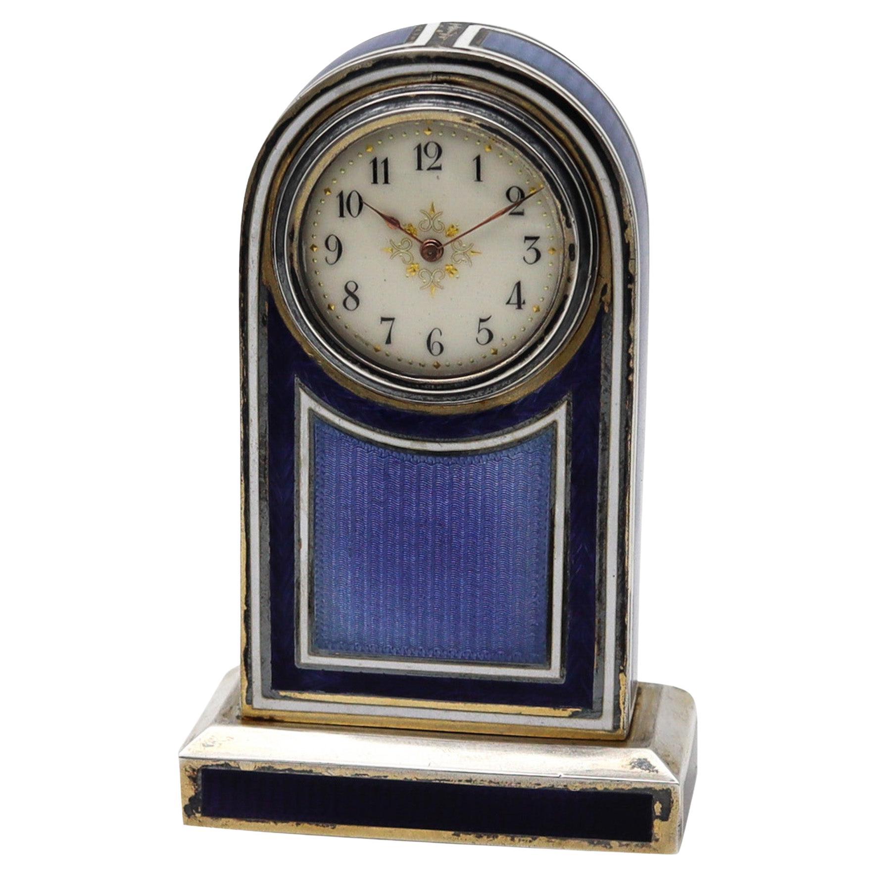 Edwardian 1905 Neo Classic Guilloché Enamel Miniature Boudoir Clock 925 Sterling