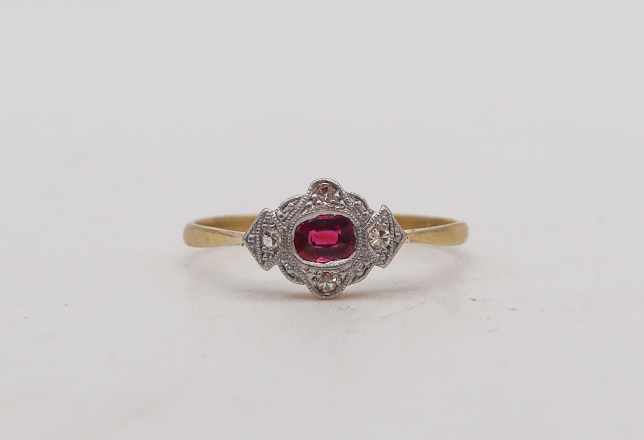 Edwardian ring with diamonds and ruby.

A beautiful antique ring from the Belle Epoque period, created in England during the Edwardian period, back in the 1905. This stunning ring was crafted in solid Yellow gold of 18 karats and topped with