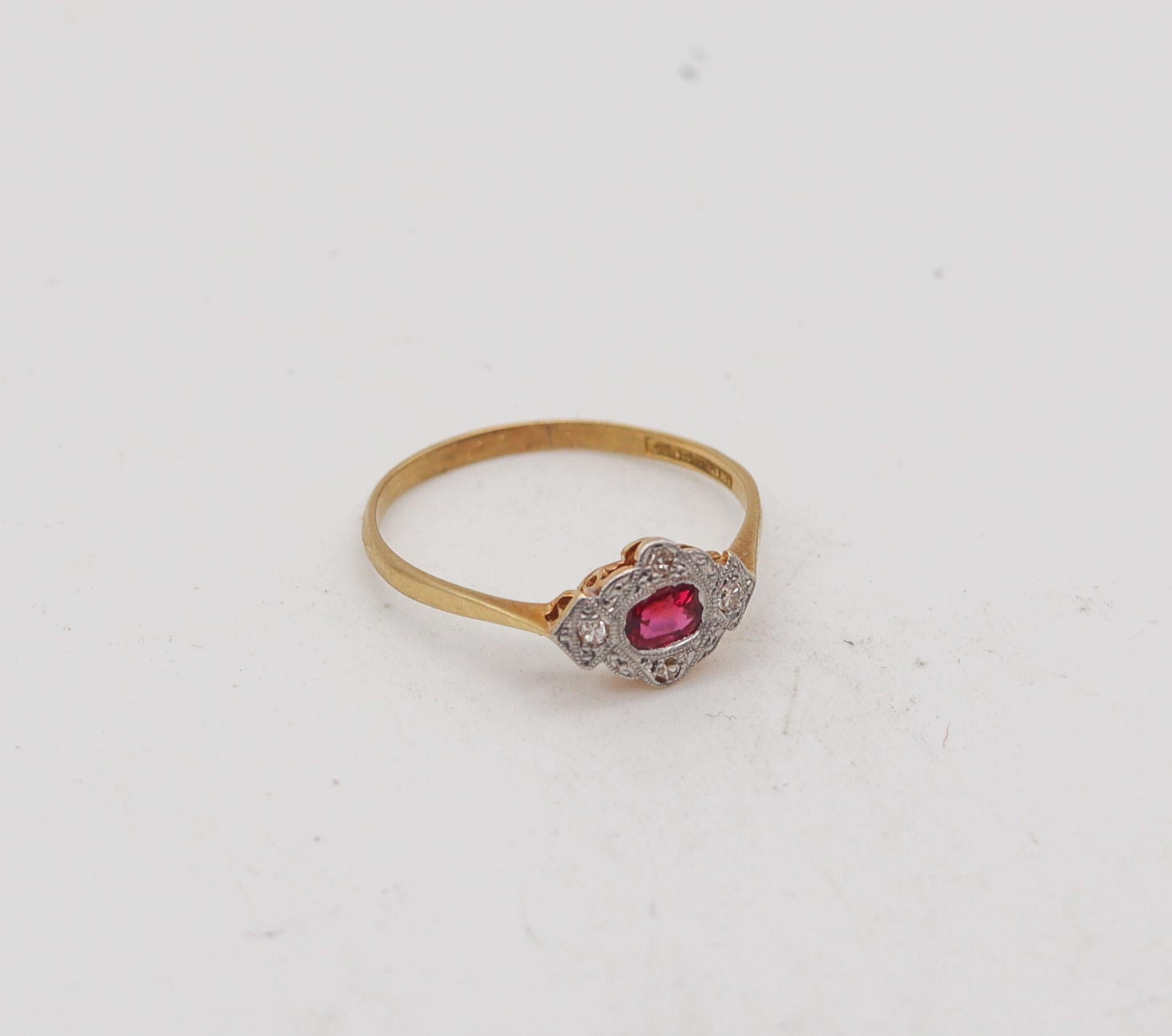 Old European Cut Edwardian 1905 Ring In 18Kt Yellow Gold And Platinum With Diamonds And Ruby For Sale