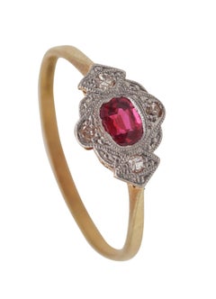 Antique Edwardian 1905 Ring In 18Kt Yellow Gold And Platinum With Diamonds And Ruby