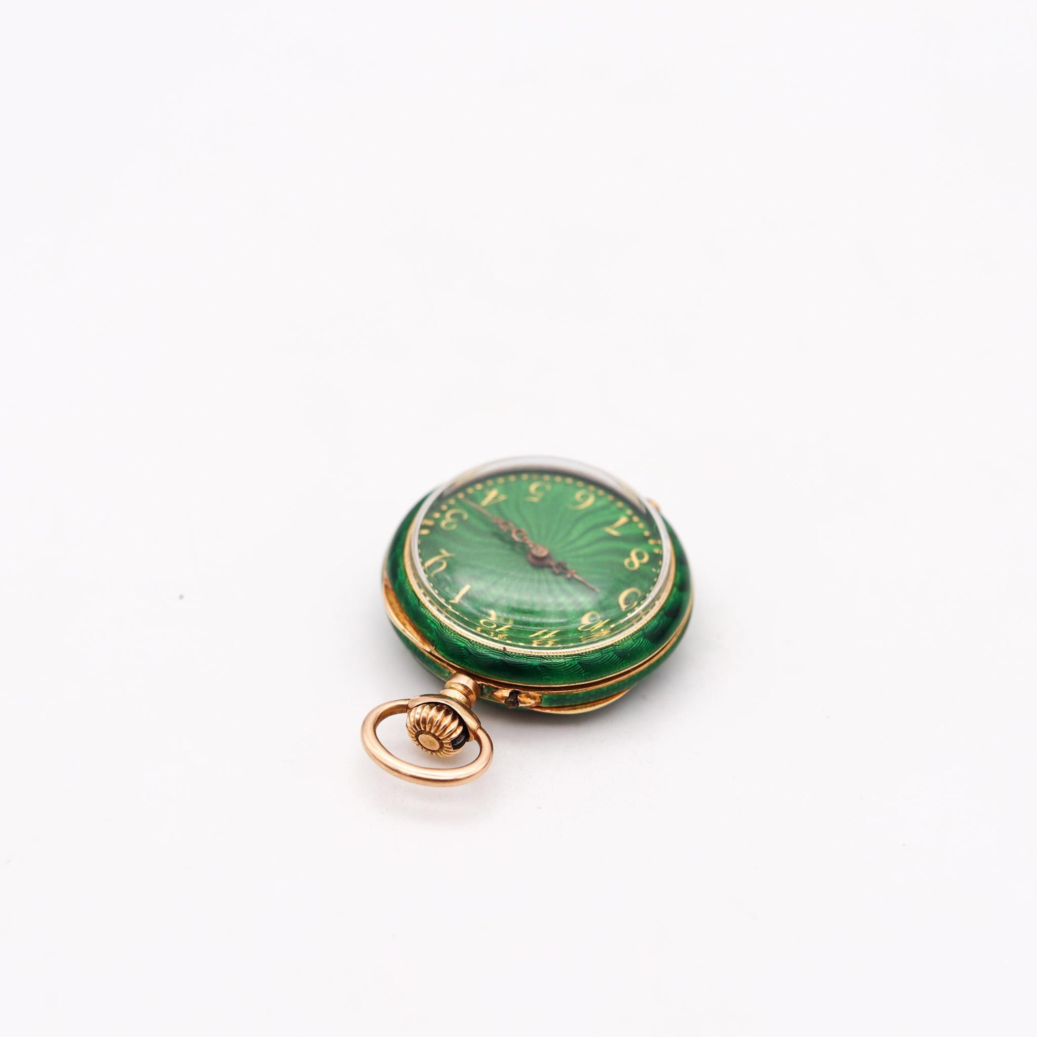 Old European Cut Edwardian 1905 Swiss Guilloche Green Enamel Pocket Watch 14kt Gold with Diamond
