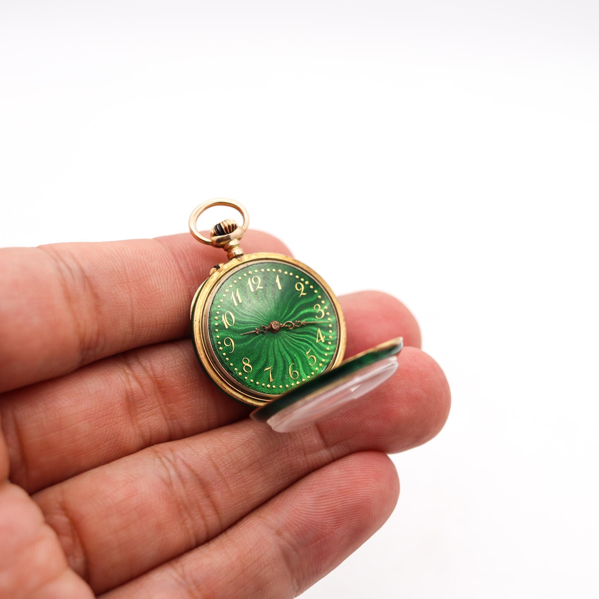 Edwardian 1905 Swiss Guilloche Green Enamel Pocket Watch 14kt Gold with Diamond 1