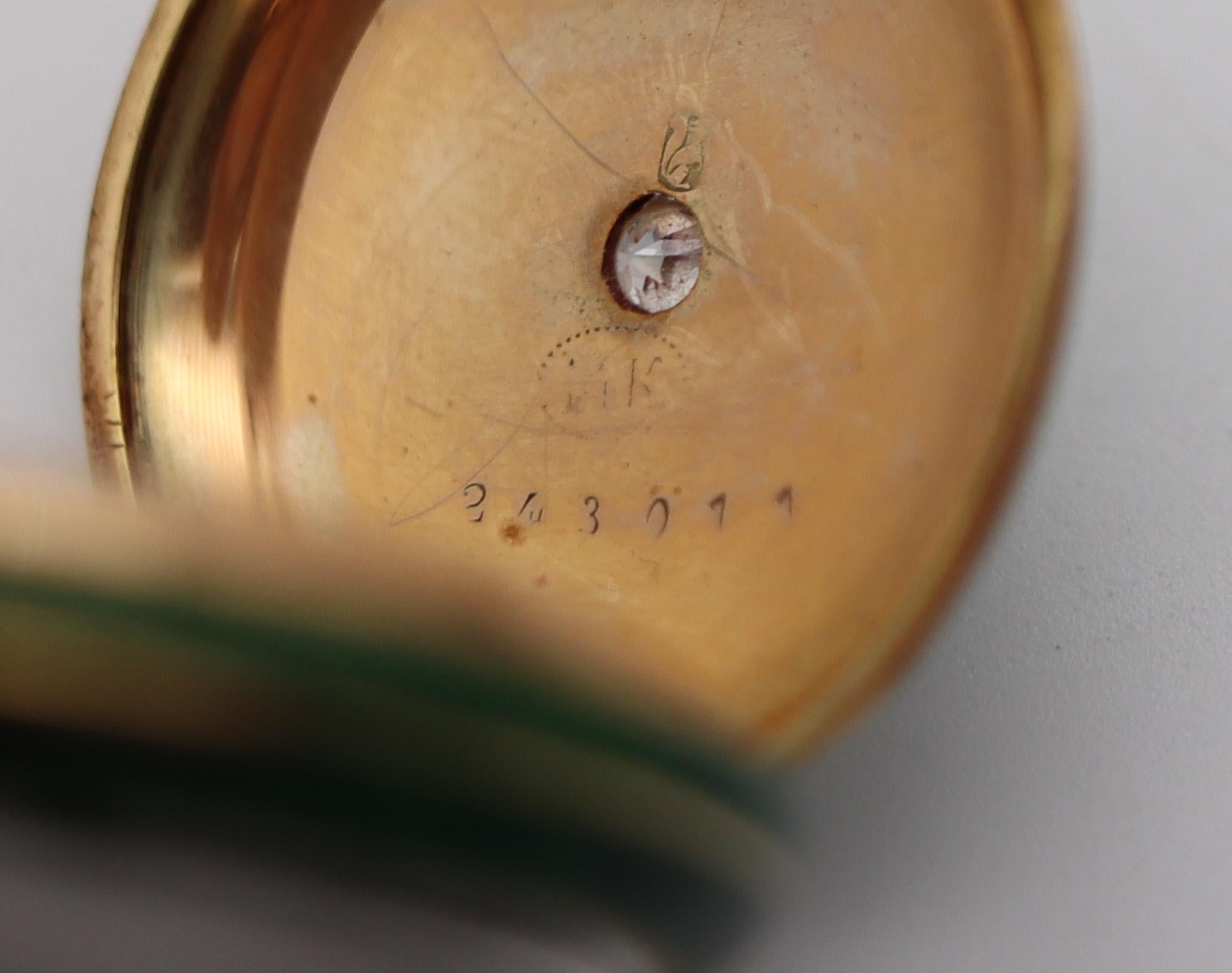 Edwardian 1905 Swiss Guilloche Green Enamel Pocket Watch 14kt Gold with Diamond 3