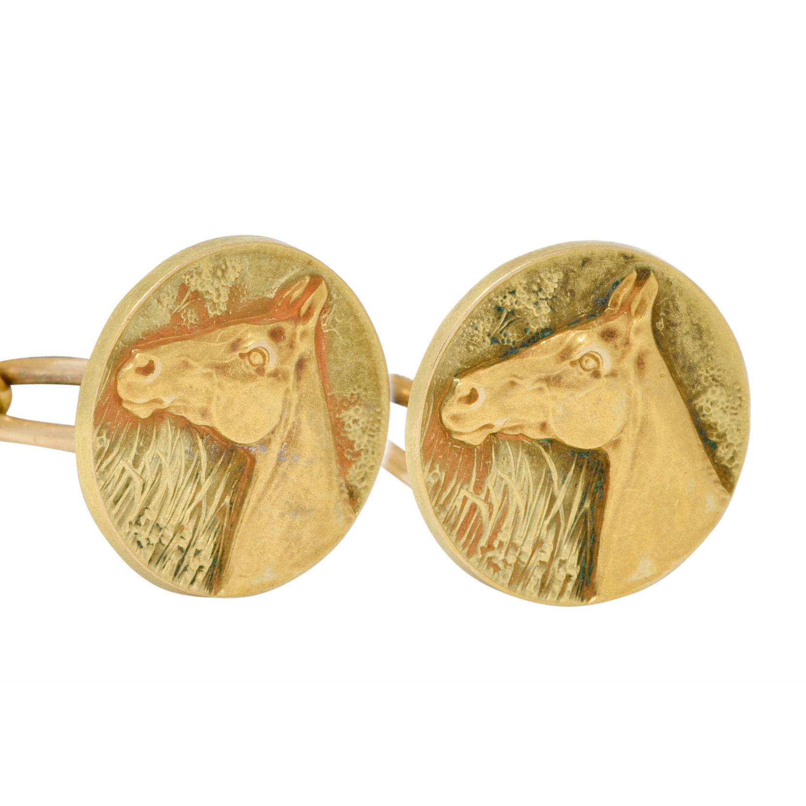 Edwardian 1908 14 Karat Zweifarbiges Gold Pferd Antike Manschettenknöpfe im Zustand „Hervorragend“ im Angebot in Philadelphia, PA