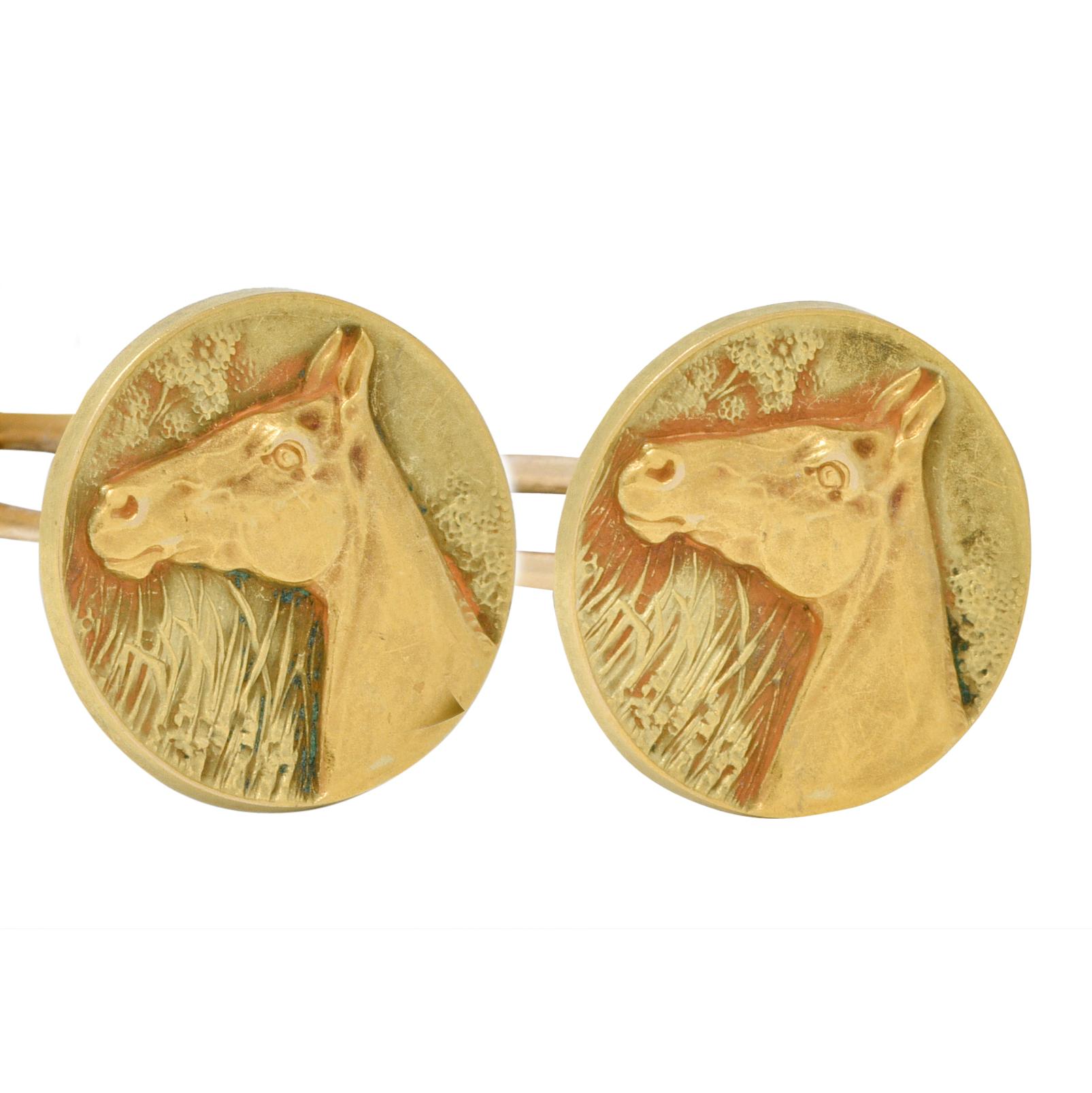 Women's or Men's Edwardian 1908 14 Karat Two-Tone Gold Horse Antique Cufflinks For Sale