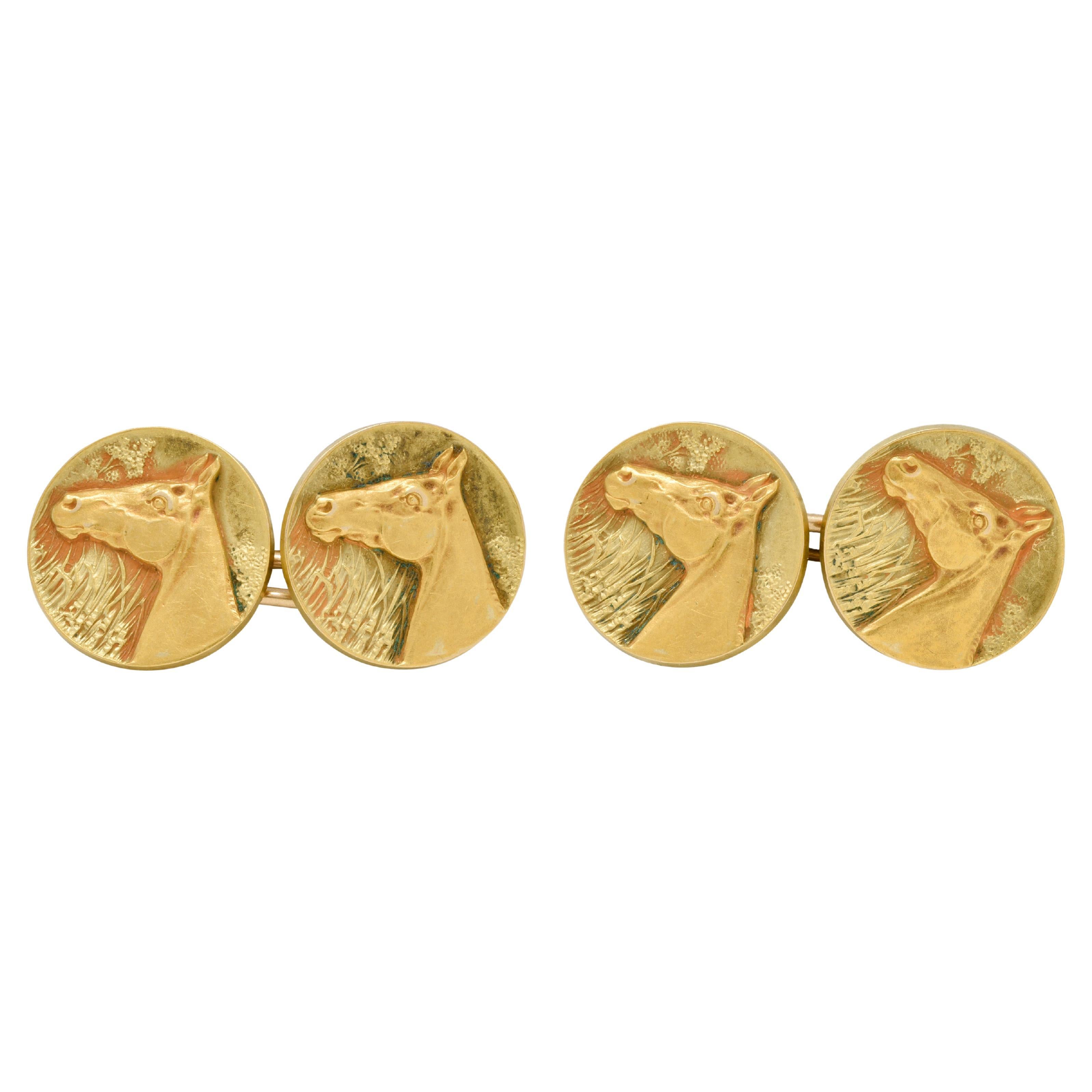 Edwardian 1908 14 Karat Two-Tone Gold Horse Antique Cufflinks