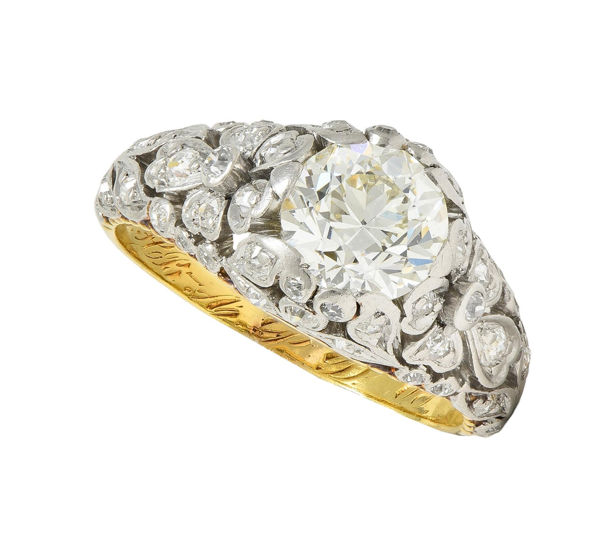Edwardian 1908 1.74 CTW Diamond Platinum 18K Gold Antique Floral Engagement Ring For Sale 5
