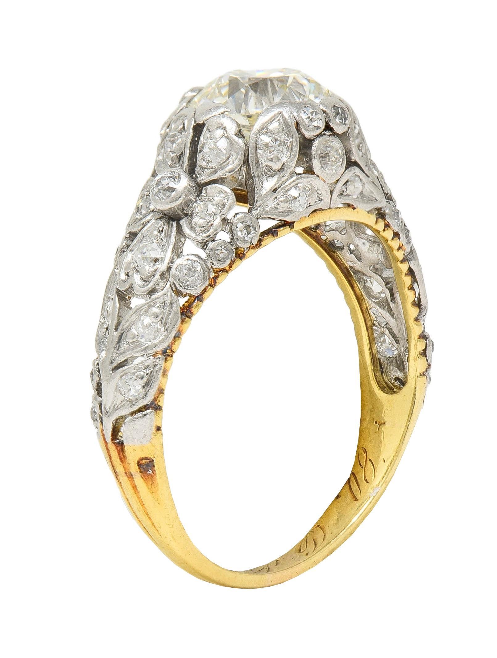 Edwardian 1908 1.74 CTW Diamond Platinum 18K Gold Antique Floral Engagement Ring For Sale 9