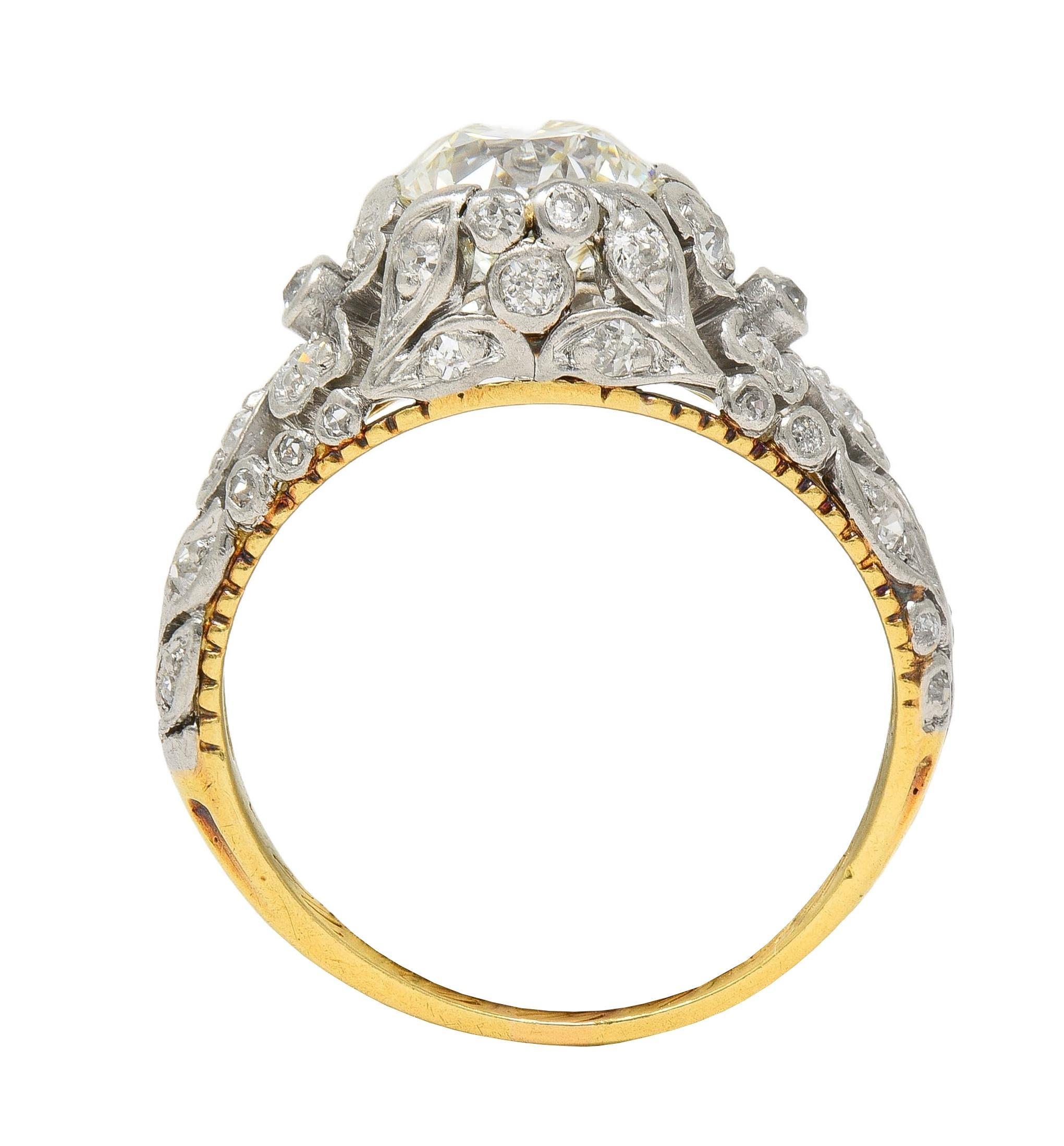 Edwardian 1908 1.74 CTW Diamond Platinum 18K Gold Antique Floral Engagement Ring In Excellent Condition For Sale In Philadelphia, PA