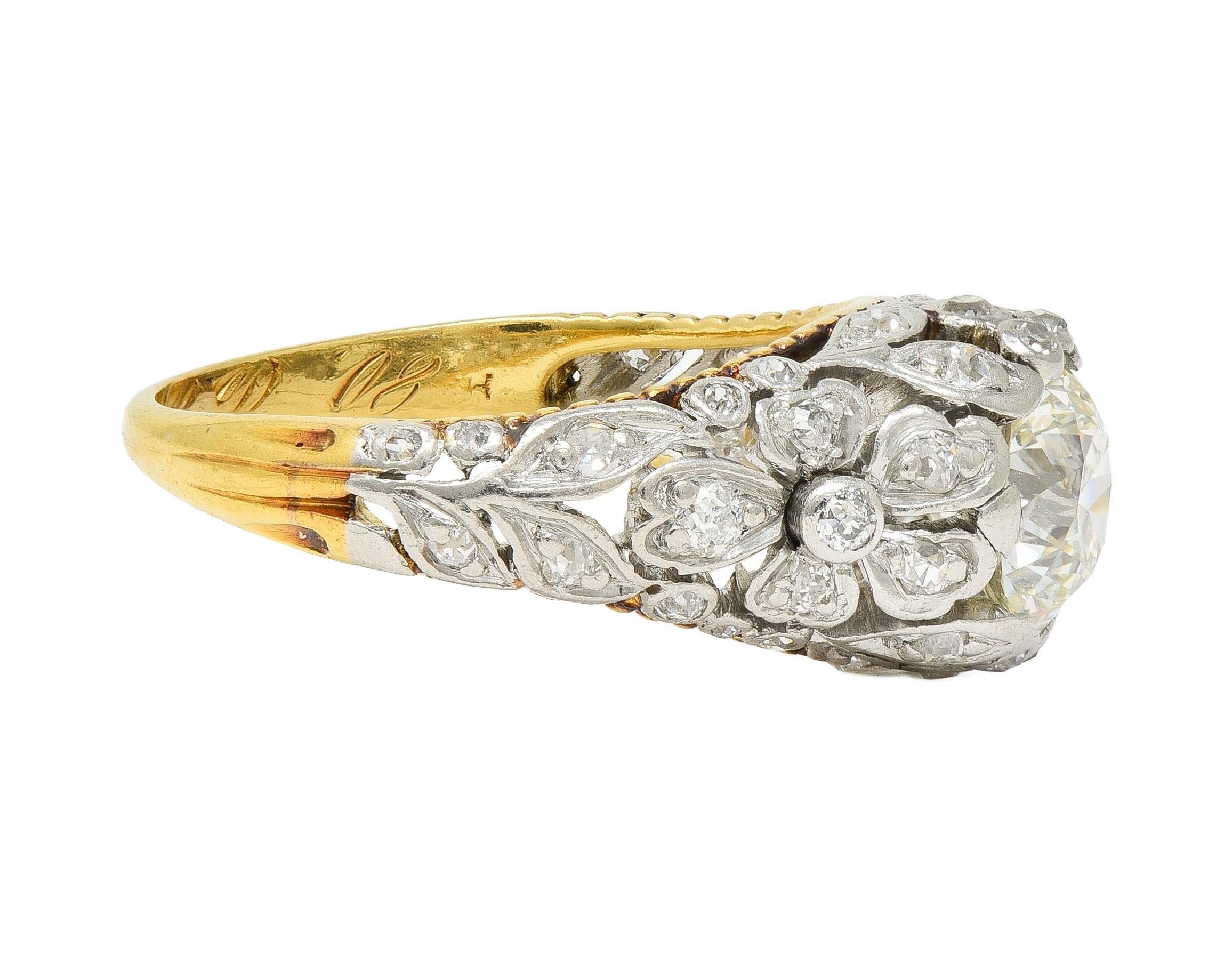 Women's or Men's Edwardian 1908 1.74 CTW Diamond Platinum 18K Gold Antique Floral Engagement Ring For Sale