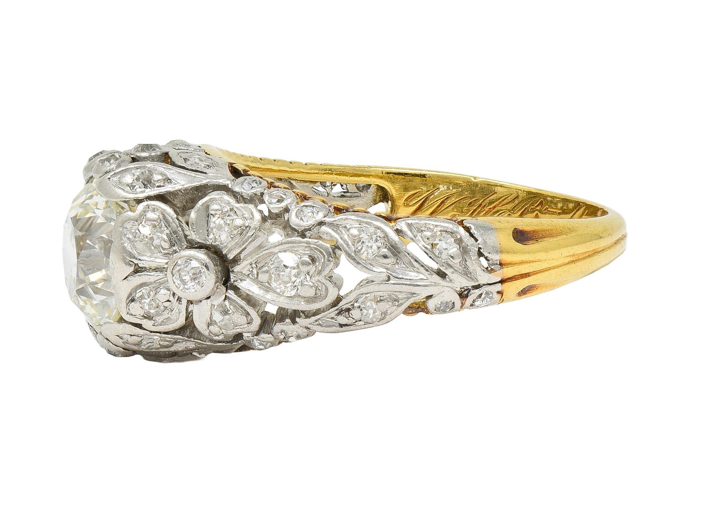 Edwardian 1908 1.74 CTW Diamond Platinum 18K Gold Antique Floral Engagement Ring For Sale 2