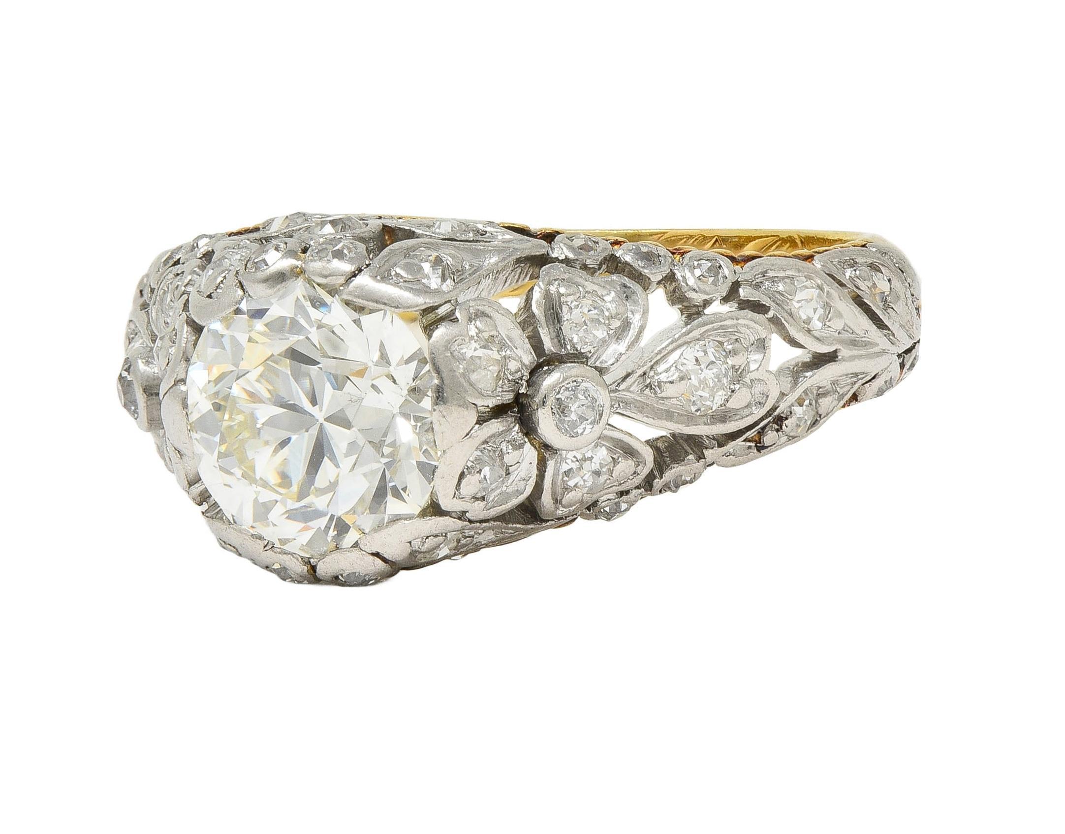 Edwardian 1908 1.74 CTW Diamond Platinum 18K Gold Antique Floral Engagement Ring For Sale 3