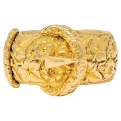 Edwardian 1908 18 Karat Yellow Gold Antique Floral Buckle Band Ring