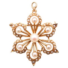 EDWARDIAN 1908 Convertible Pendant-Brooch In 10Kt Yellow Gold & Natural Pearls