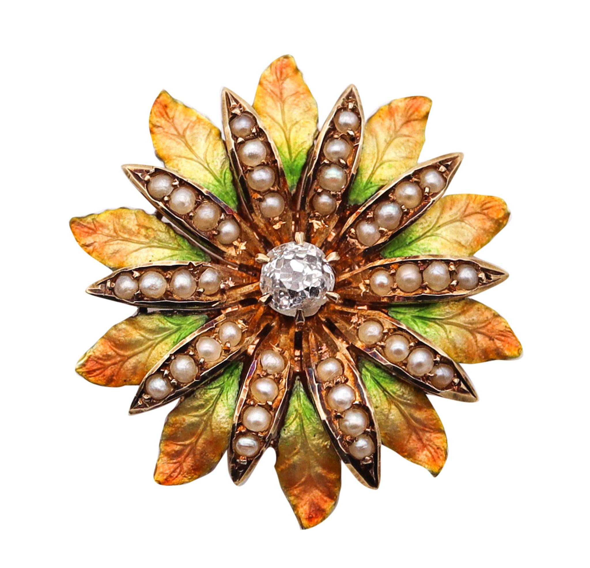 Edwardian 1908 Enameled Flower Pendant Brooch 14kt Gold with Diamond and Pearls For Sale