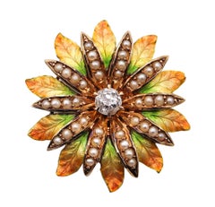 Edwardian 1908 Enameled Flower Pendant Brooch 14kt Gold with Diamond and Pearls