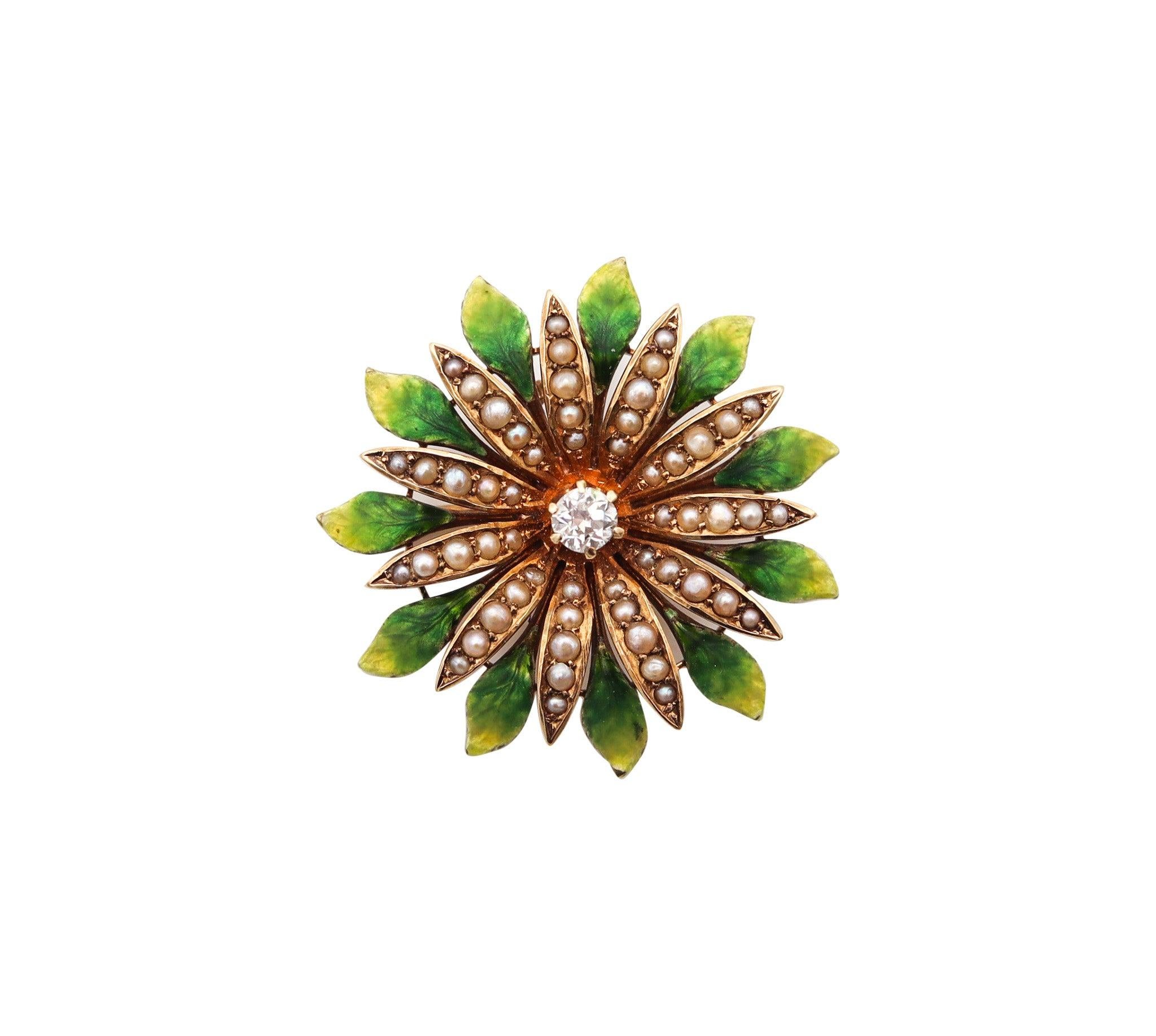 Pendentif fleur émaillé en or jaune 14 carats avec diamants et perles, Édouardien 1908 en vente 1