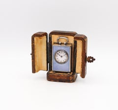 Edwardian 1908 Miniature Guilloché Blue Enamel Clock in .935 Sterling With Case