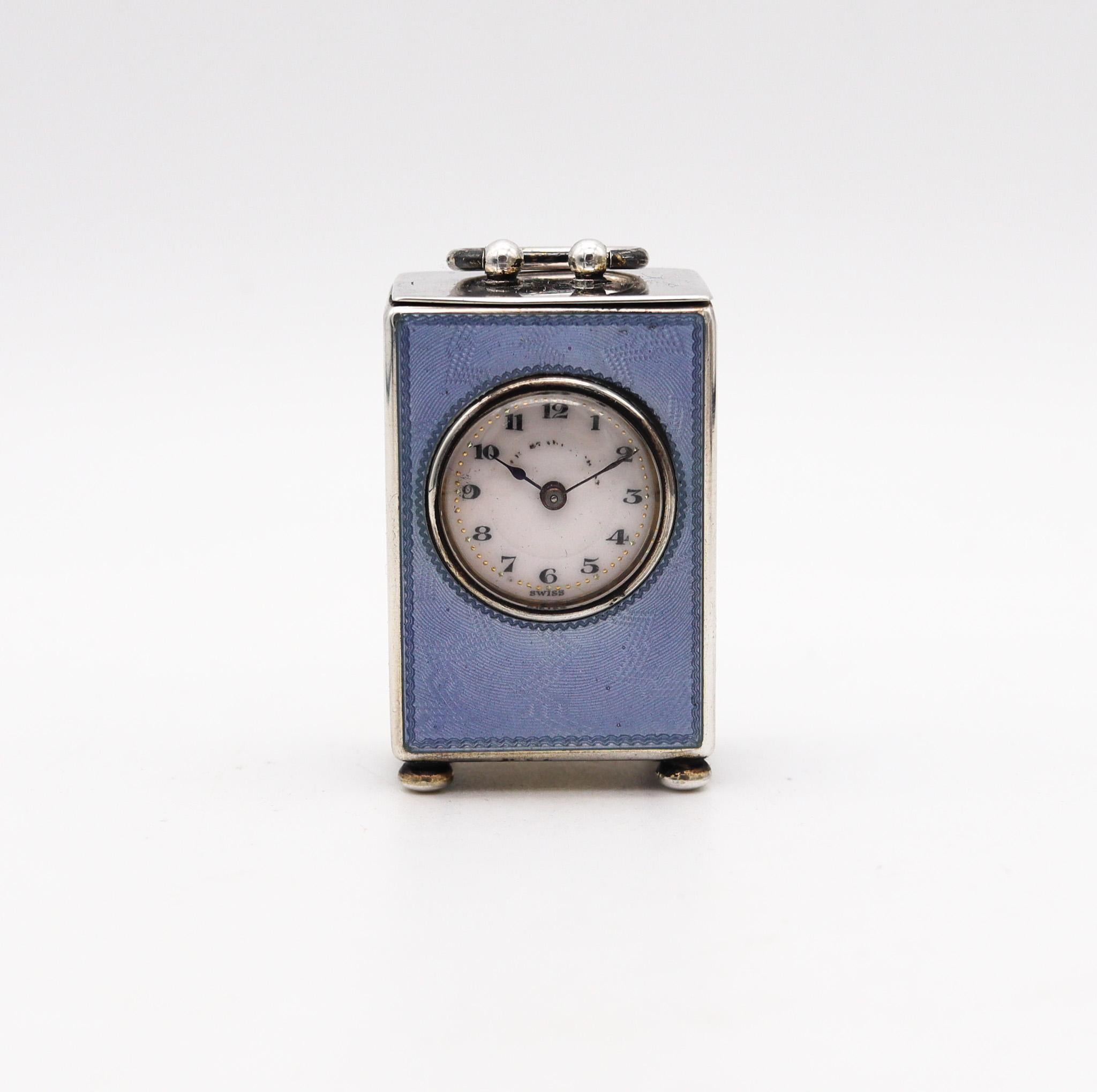 Swiss Edwardian 1908 Miniature Guilloché Blue Enamel Clock in .935 Sterling With Case For Sale