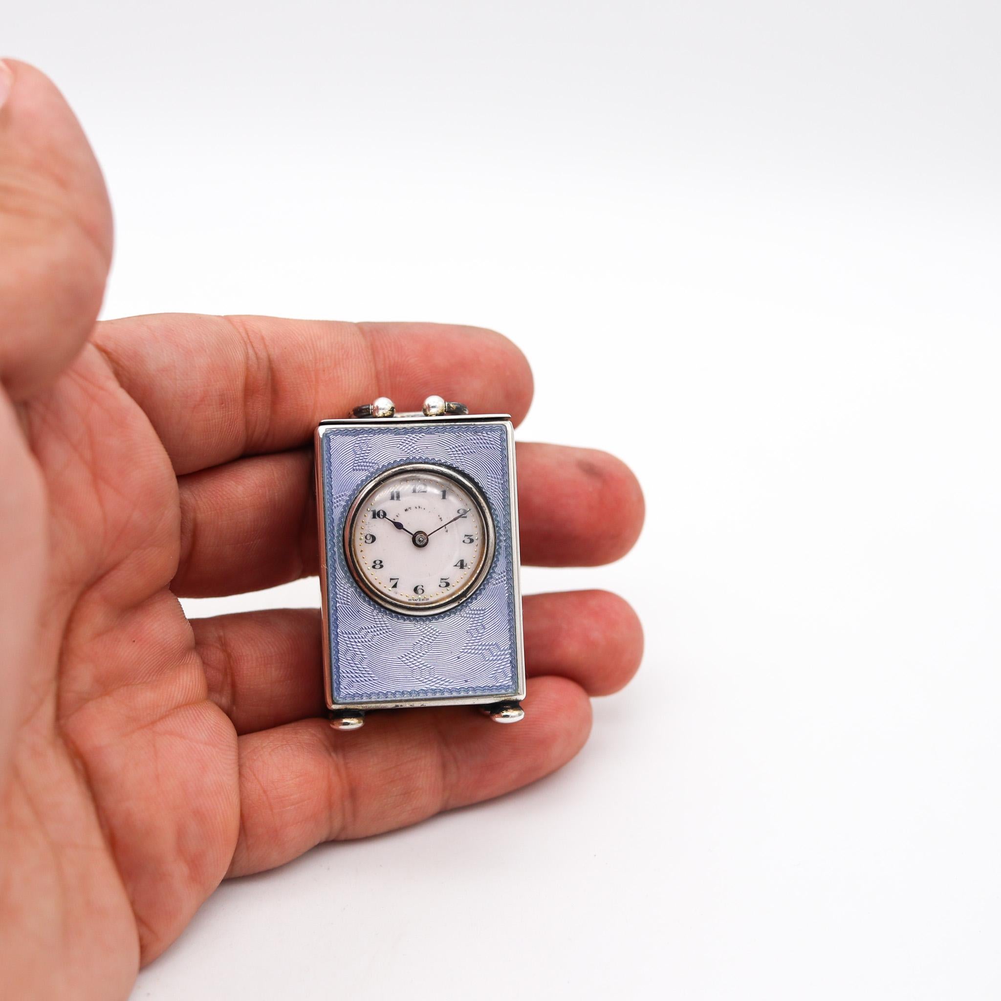 Edwardian 1908 Miniature Guilloché Blue Enamel Clock in .935 Sterling With Case For Sale 2